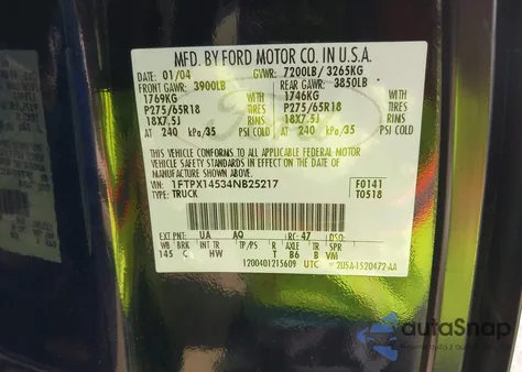 2004 Ford F-150 Fx4/Lariat/Xl/Xlt z USA, uszkodzony, nr VIN 1FTPX14534NB25217